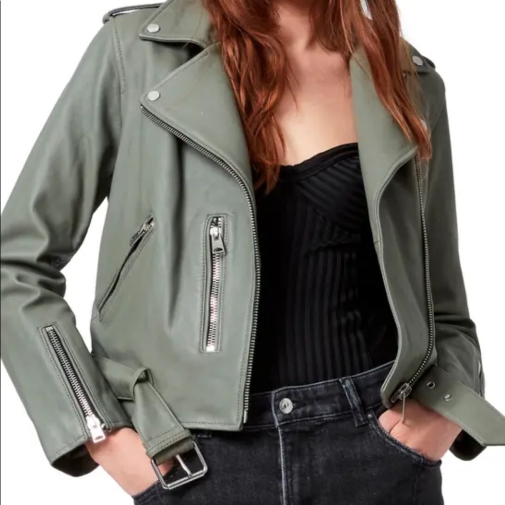 Allsaints balfern leather biker jacket size 2 in sage green